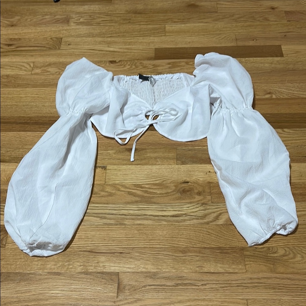 Divided White Puff Sleeve Tie Front Crop Blouse